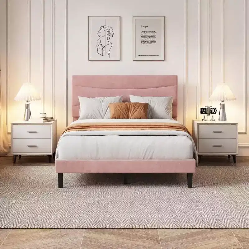 GustoWave Upholstered Velvet Bed Frame with Headboard No Box Spring Needed, Noise-Free