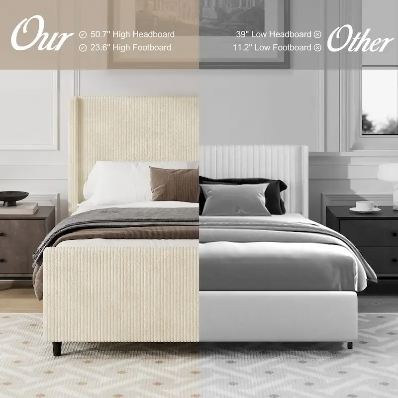 Taupe / Cream Corduroy Wingback Platform Bed, Vertical Stripe Headboard, for 2 – Queen / King