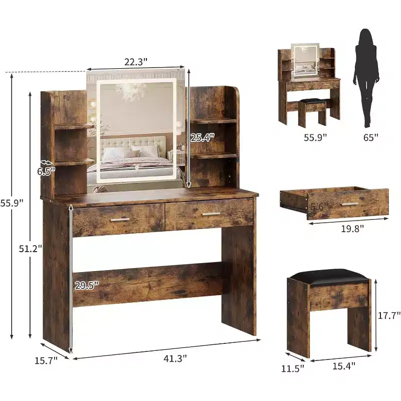 Vanity Desk with Lighted Mirror, Stool, Power Outlet, 6 Shelves, 2 Large Drawers, 3-Color Adjustable LED, Makeup Vanity for Bedroom