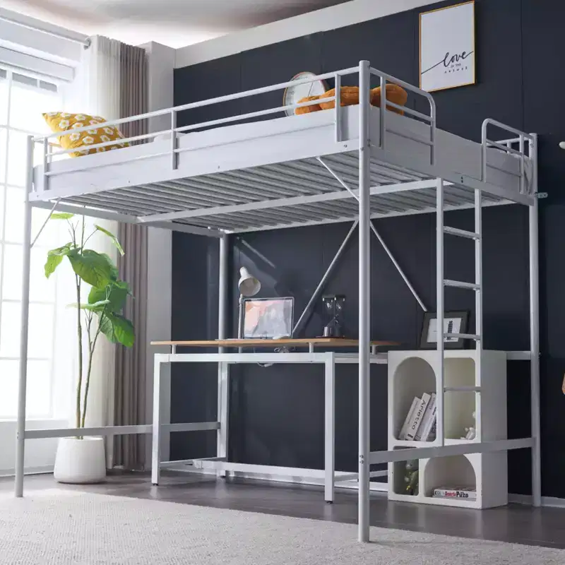 Full Metal Loft Bed for Kids Loft Bunk Bed Frame with Stairs/Flat Ladder Rung,No Box Spring Required, White