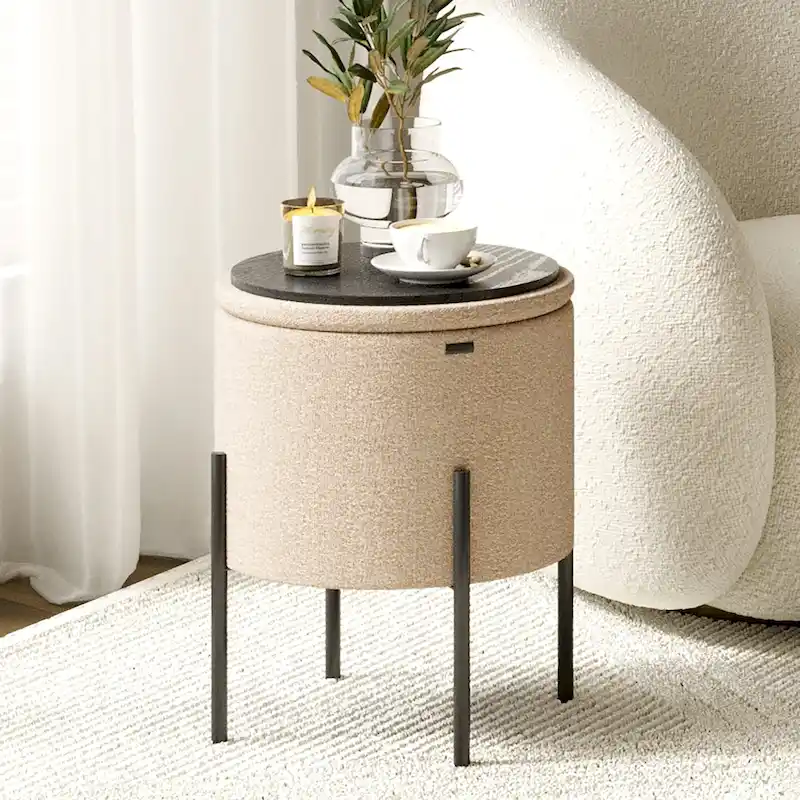 Round Boucle Storage Ottoman with Dual-Sided Lid, Iron Legs, 330 lbs Capacity, 17H x 13D in