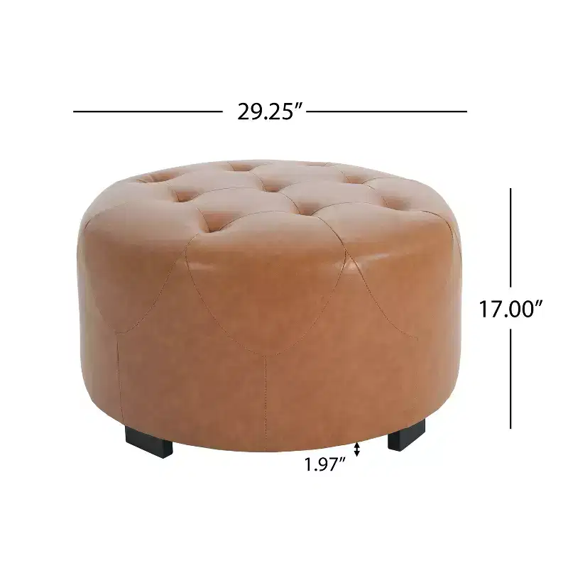 Round Button Tufted Ottoman, PU/Linen Upholstered Footstool with Birch Wood Legs
