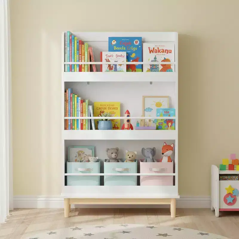 Wall-Mounted Kids Bookshelf with Front-Facing Display Shelves, White