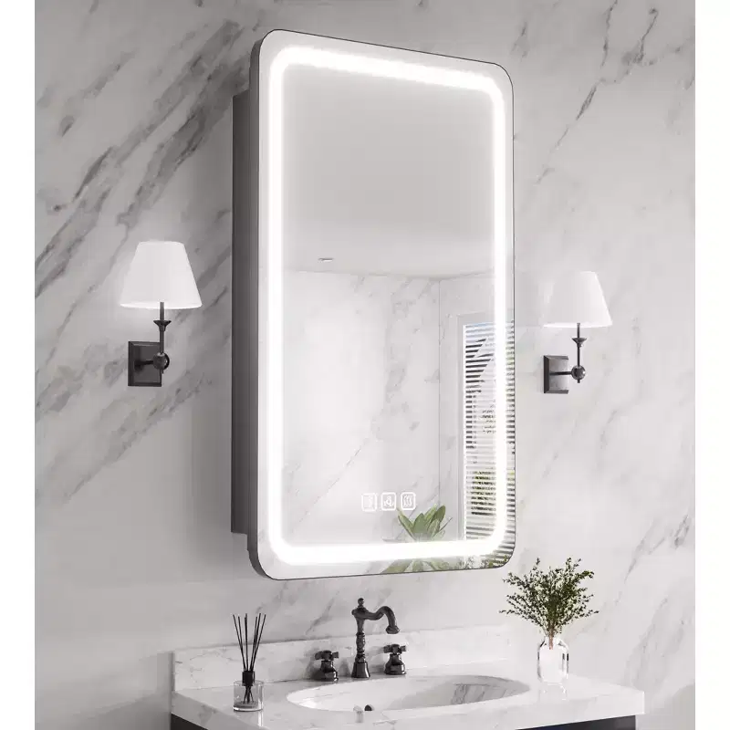 16 in. W x 28 in. H Rectangular Iron Medicine Cabinet with Mirror, Dimmable LED Light, Anti-Fog and Outlets - Fully Assembled