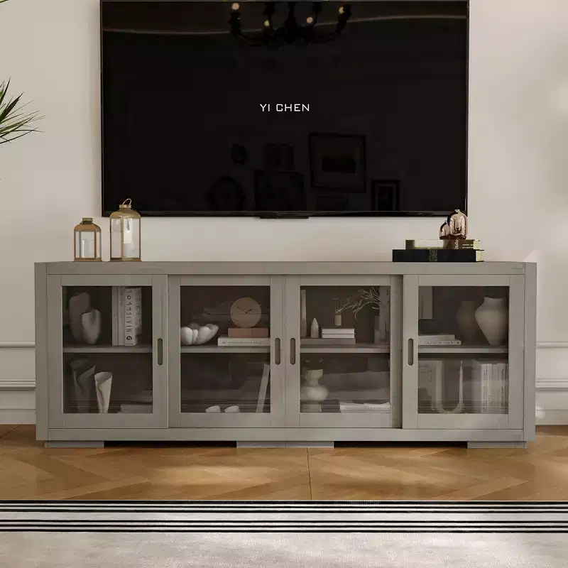 Famapy Industrial TV Stand for living Room: Sliding Glass Doors, Adjustable Shelves, Space - Smart Design Media Console