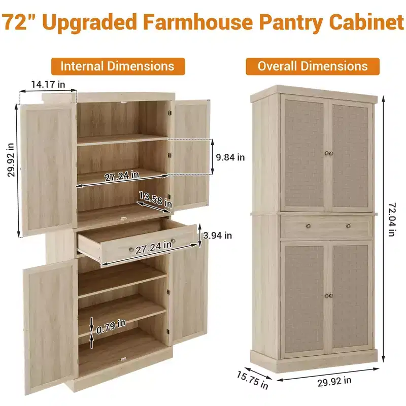 Pantry Cabinet, Kitchen Storage Cabinets with Doors and Shelves, 72 Tall Farmhouse Rattan Pantries with Drawers for Dining Room, Living Room