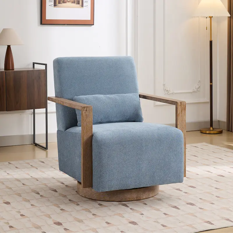 Mid-Century Boucle Upholstered Swivel Armchair With Pillow