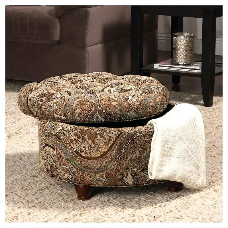 Square Storage Ottoman with Lift-Top Lid, Button Tufted Upholstered Footrest & Extra Seat, Brown Paisley