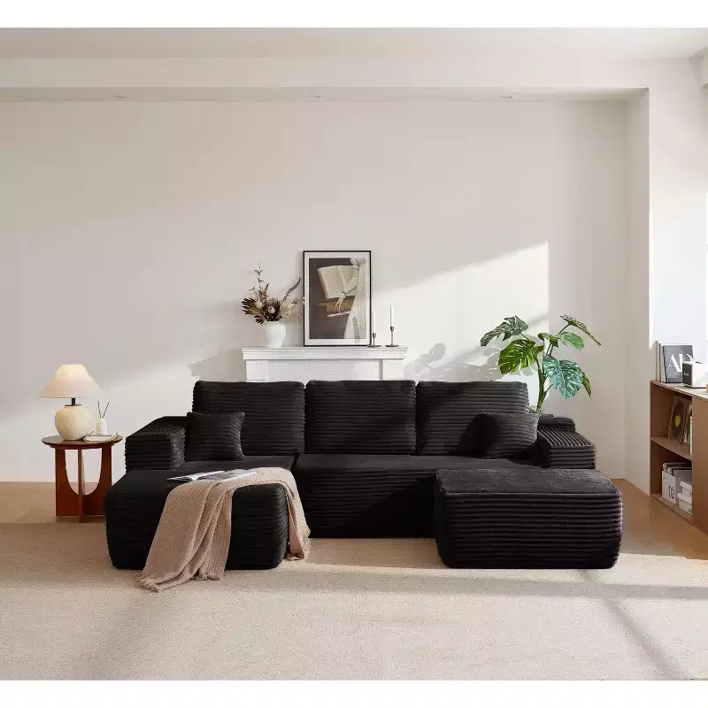104Cloud Sectional Sofa,U-Shaped Chaise,Deep Seat,Side Pockets,Plush Fabric,No Assembly,Black,Left Facing