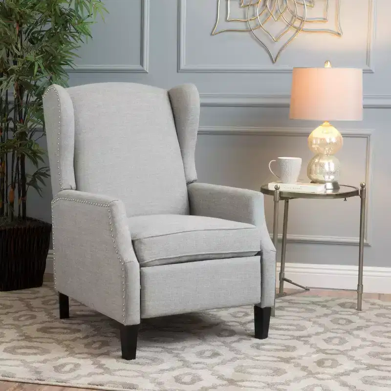 Contemporary Fabric Wingback Pushback Recliner with Nailhead Accents