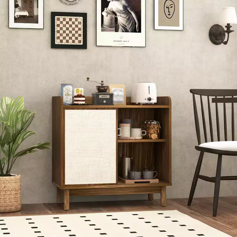 Rattan Sideboard Cabinet, Farmhouse Buffet Storage with Sliding Door and 2 Adjustable Shelves