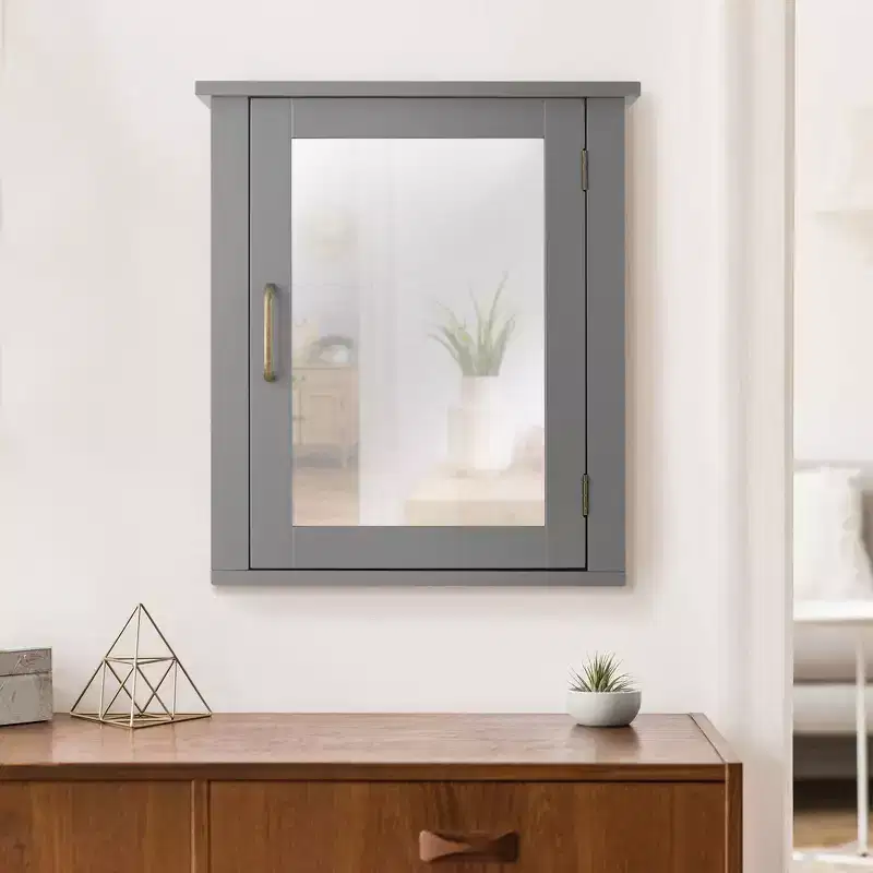 MDF Wood Wall-Mount Medicine Cabinet with Mirror Gray