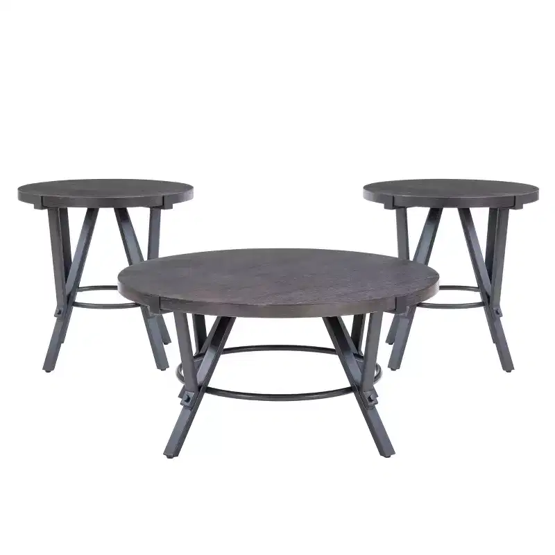Powell 3pc Galway Wood Top and Charcoal Gray Metal Round Coffee and Side Table Set Charcoal Brown: Rustic Living Room Furniture Set