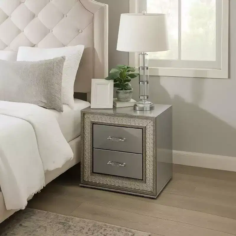 Nightstand with 2 Drawers, Scale Molding Trim, Metallic Gray Wood