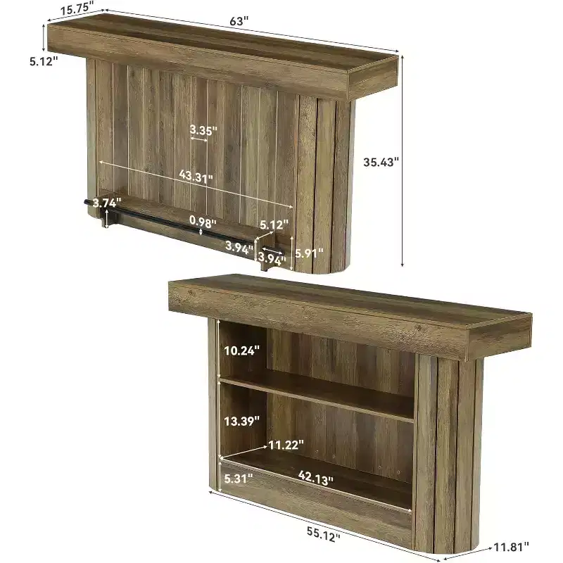 Lantine Bar Table, 63-Inch Wooden Home Bar Unit with Metal Footrest, Pub Table with Storage Shelves for Living Room, Bistro, Dining Room (Brown)