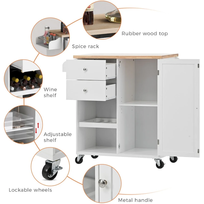 41.3 in. Rolling Kitchen Island with Spice Rack and Two Drawers
