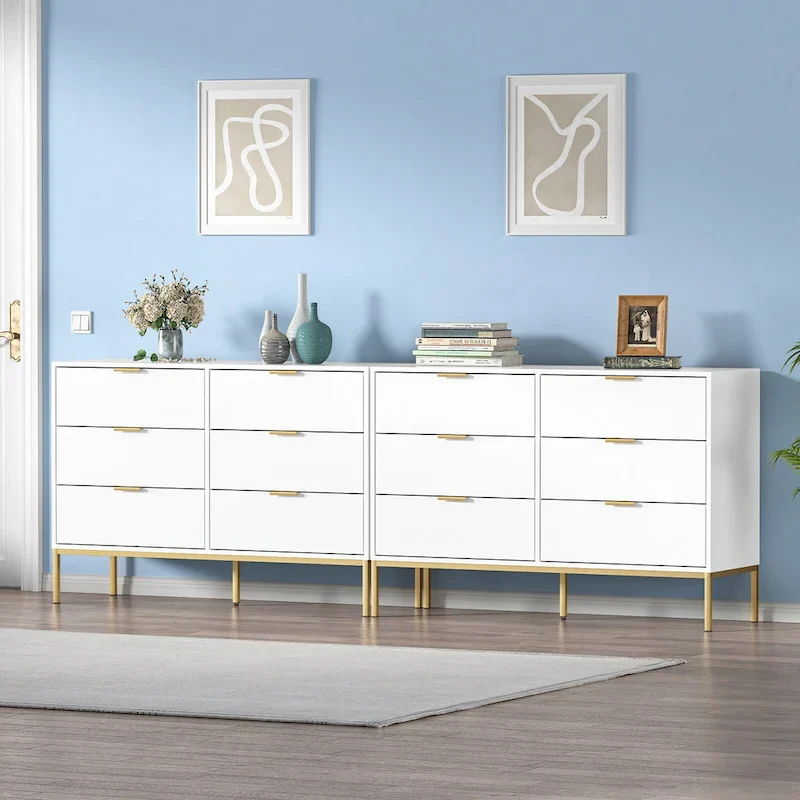 Modern 6-Drawer Double Dresser in White & Gold – Metal Legs & Smooth Glides