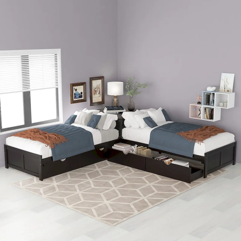 L-shaped Platform Bed with Trundle and Drawers Linked with built-in Desk
