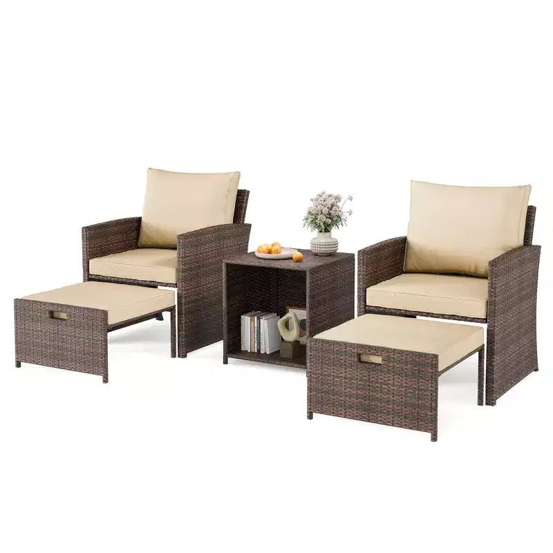 5-Piece PE Wicker Patio Conversation Set  2 Lounge Chairs with Ottomans, Coffee Table & Cushions for Porch, Balcony or Deck