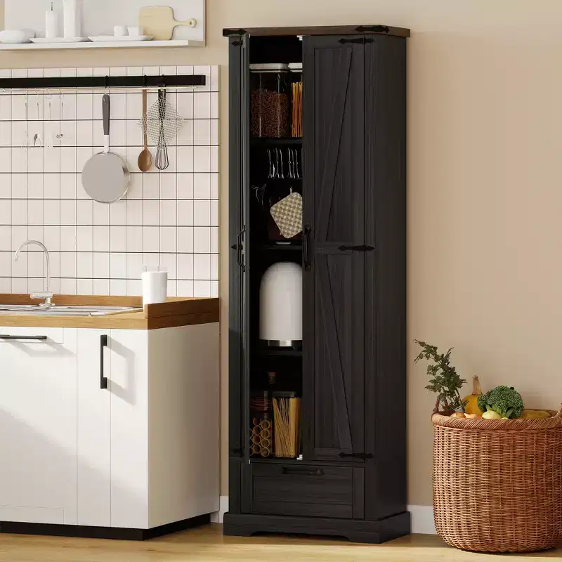 HOMCOM 71 Kitchen Freestanding Pantry Cabinet with Barn Doors, Drawer and Adjustable Shelves for Dining Room, Black