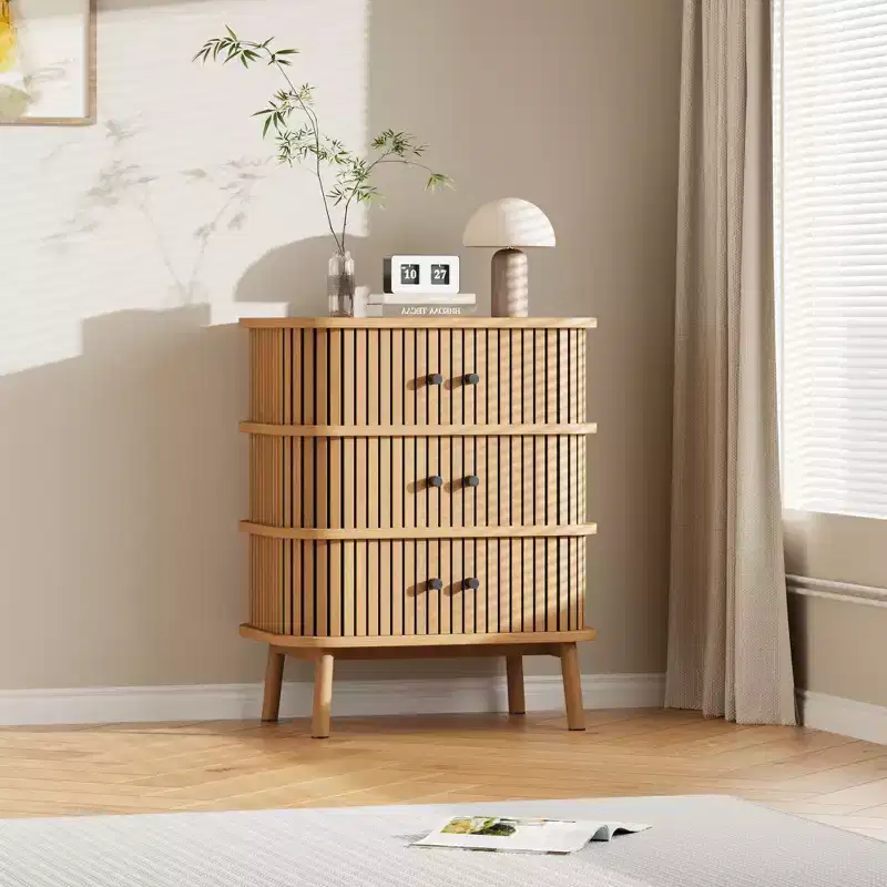3-Drawer Dresser, Mid Century Chest of Drawers for Bedroom, Wicker Nightstand with Spacious Storage, Matte Black Handles, and Wooden Legs
