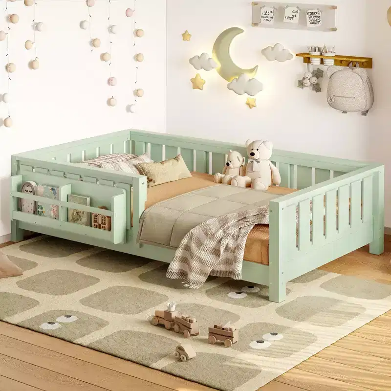 Bellemave Twin Floor Bed with Built-in Bookshelf and Safety Guardrail,Pine Wood Floor Bed Frame for Kids,No Box Spring Needed,Avocado Green