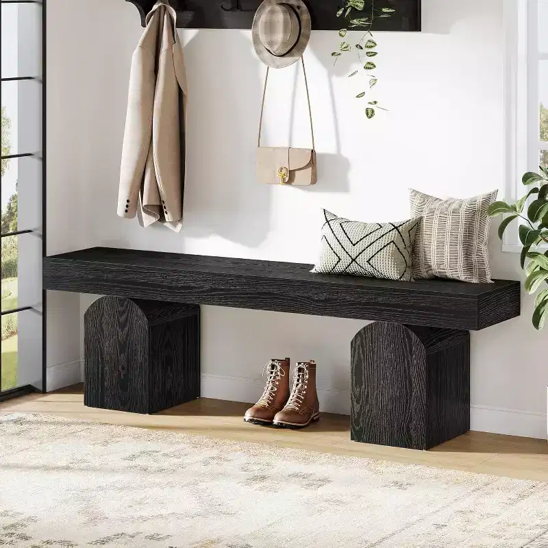 Lantine Entryway Bench, 59 Long Black Shoe Bench with Arched Bases, Wooden Indoor Bench for Entry Way, Living Room, Bedroom