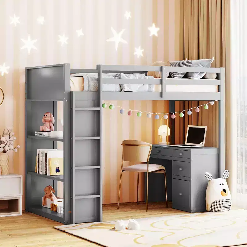 Twin/Full Size Loft Bed with Ladder, Shelves and Desk with Drawers