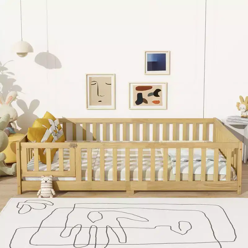Full Floor Bed with Fence and Door, Rubber Wood Bed Guardrails Beige