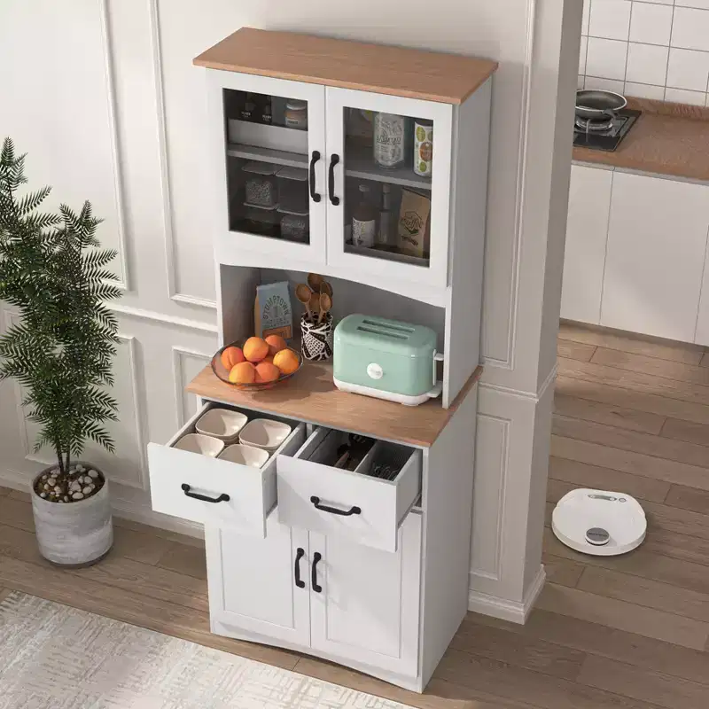 MAYEERTY Kitchen Cabinet Wooden White Pantry Room Storage Microwave Cabinet with Framed Glass Doors Drawer