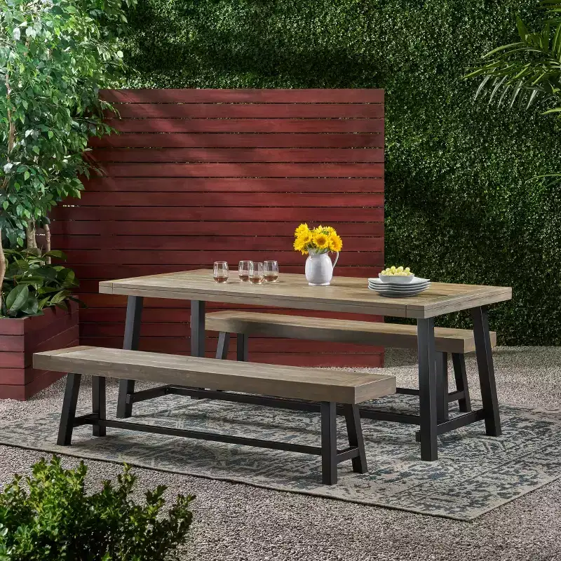 GDFStudio Chilian Outdoor Acacia Wood 3 Piece Picnic Set, Gray/Rustic Metal