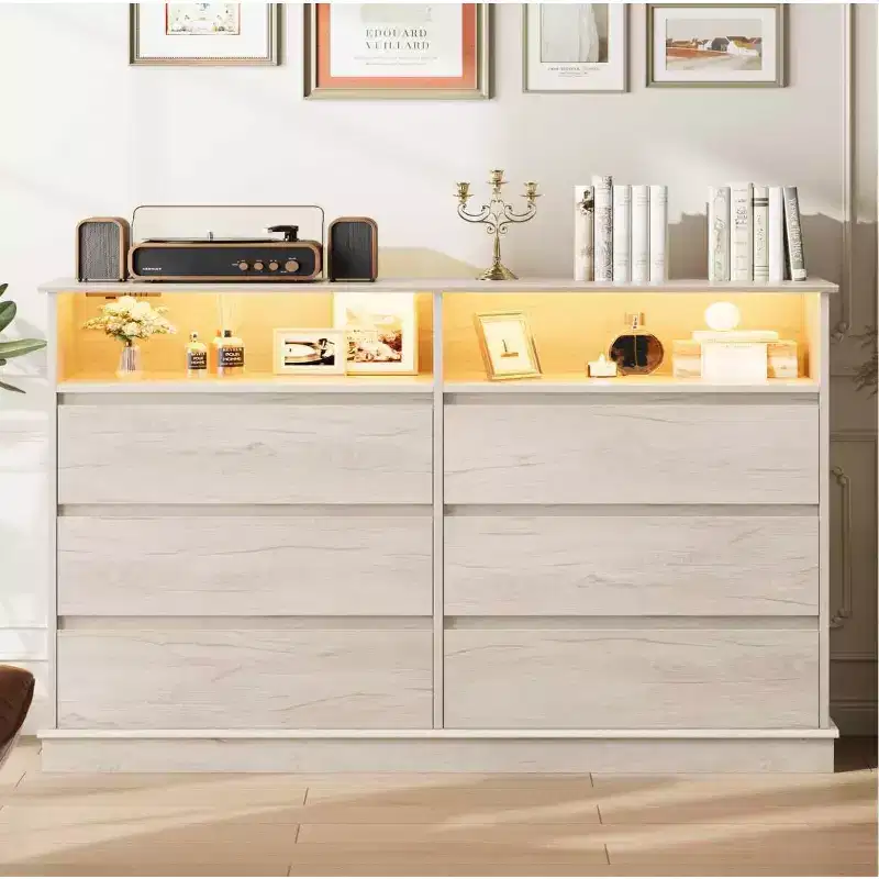 White Dresser for Bedroom, 6 Drawer Dresser with LED Lights and Charging Station, for Living Room, Hallway