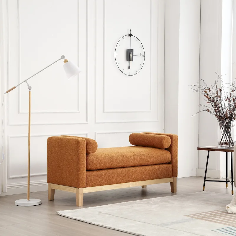 Upholstered Bench Wood Legs and Bolster Pillows