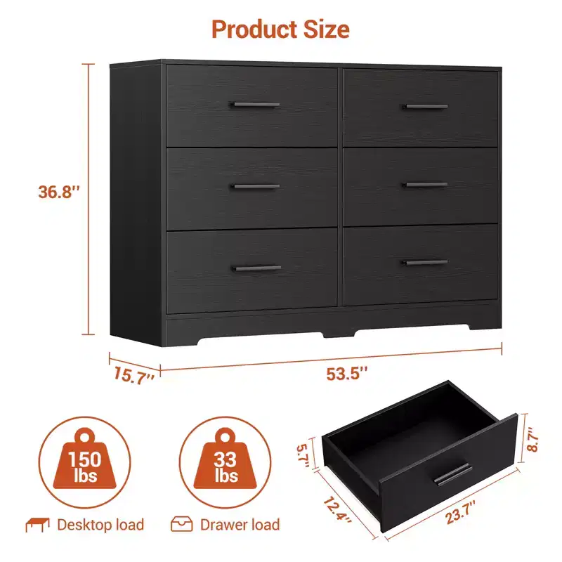 6-Drawer Dresser, Black/Pink/White/Wood Grain | Modern Style | For 1