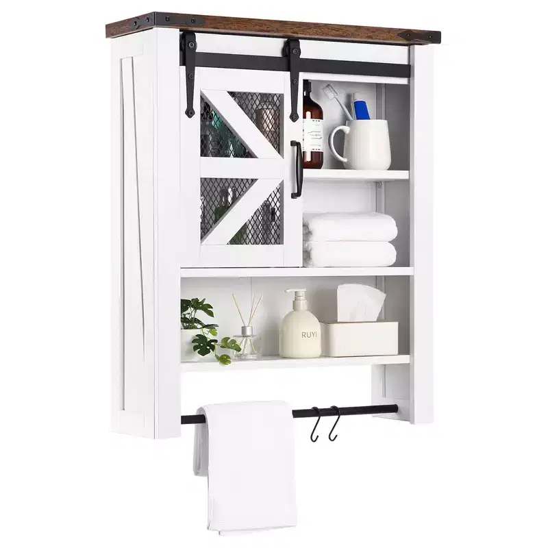 Bathroom Organizer Cabinet, Over The Toilet with Towel Bar & Hooks, 3-Tier Sliding Barn Door Wall Mounted Storage
