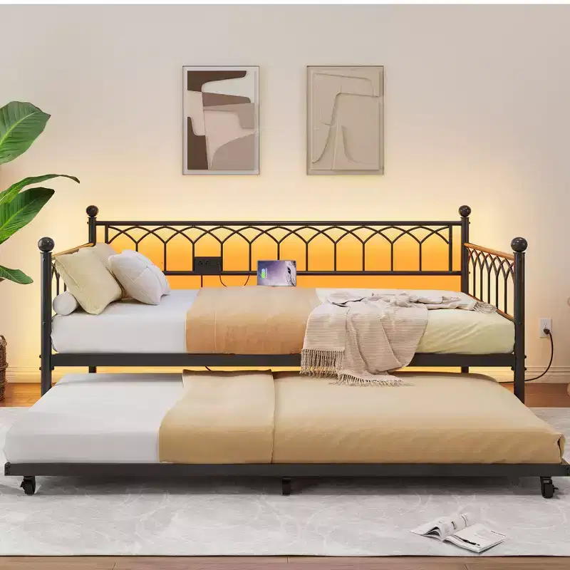 Twin Daybed with Trundle, Metal Sofa Bed Frame with Charging Station and LED Lights for Bedroom, Living Room