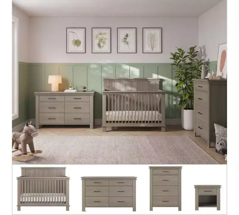 Child Craft Denman Crib, Dresser, Chest, and Nightstand 4-Piece Nursery Set, Grows with Your Baby