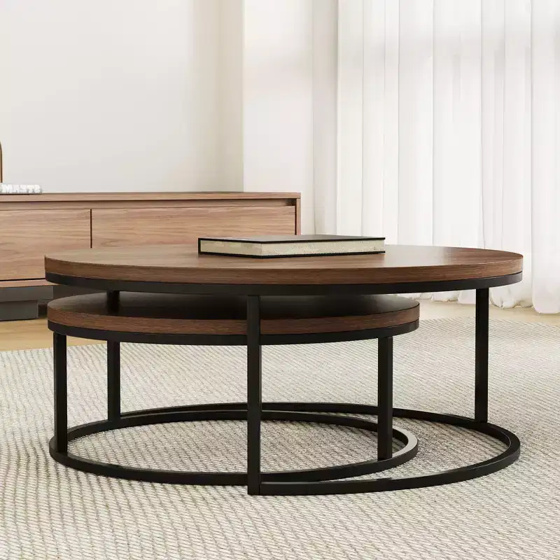 Gaoyangjiaju 31.5 Modern Round Nesting Coffee Table Set of 2 - Industrial Circular Center Tables for Living Room - Walnut/Black