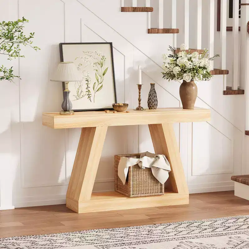 Farmhouse Console Table, 2-Tier Wooden Trapezium Sofa Table with Open Storage Shelf, Industrial Entryway Furniture for Entrance, Hallway, Living Room