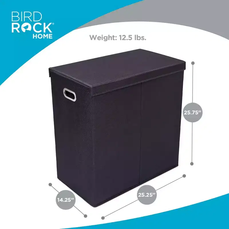 BirdRock Home Double Linen Laundry Hamper with Lid and Removable Liner - Black
