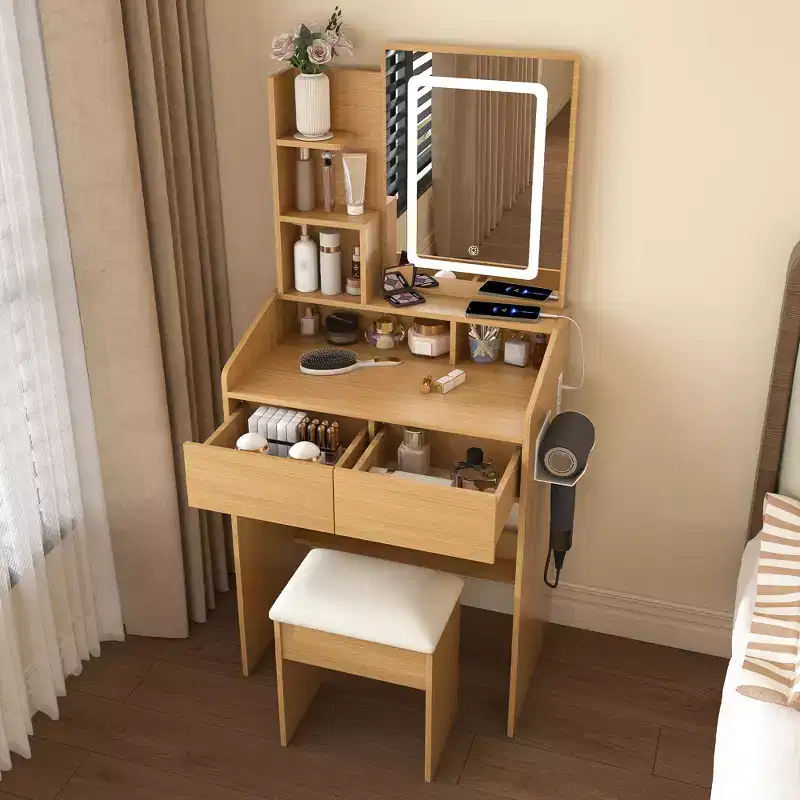 Modern Vanity Table with LED-Illuminated Mirror, Storage Space and Stool