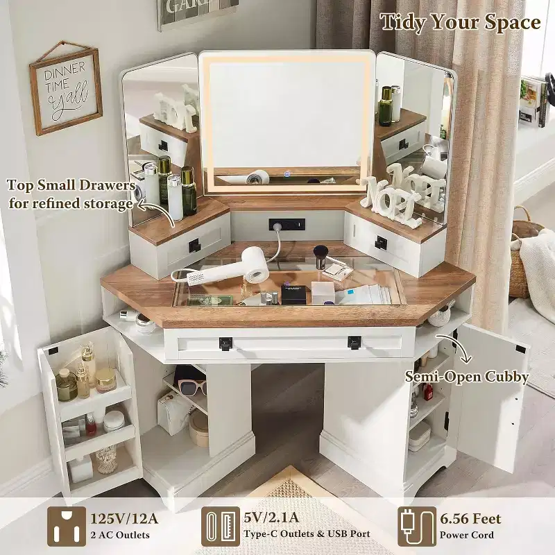 SinCiDo 48 Farmhouse Corner Vanity Desk, w/ 3 Way Mirror & Lights, Charging Station, Glass Tabletop, 3 Drawers and 2 Lockers, Bedroom Dressing Table