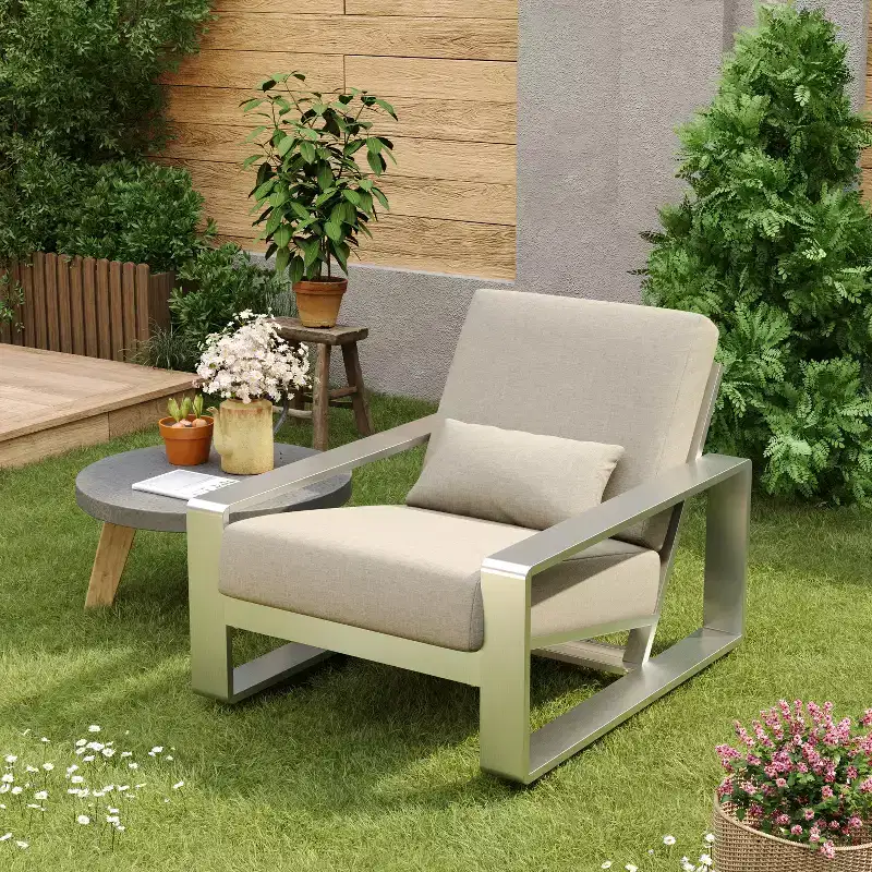 Christopher Knight Home Adrian Outdoor Aluminum Club Chair with Lumbar Pillow, Beige/Silver