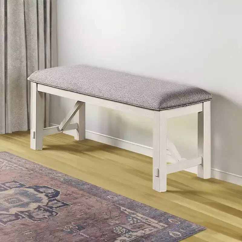 Royal Hampton 50 Inch Dining Bench, Fabric Padded Seat, Rubberwood, Gray and White