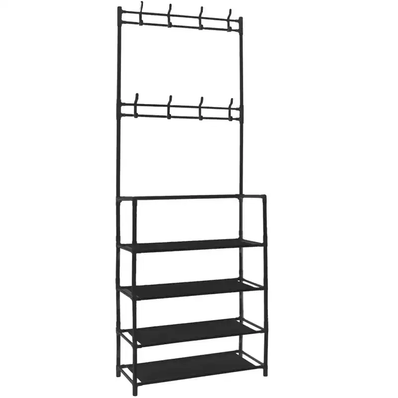 The Lakeside Collection Entryway Shoe & Coat 4-Tier Clothing Organizer Rack with 8 Hooks -