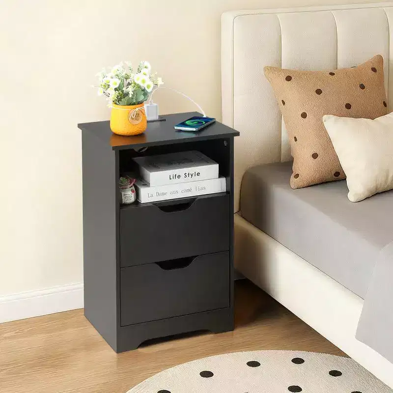 Karl Home 15.7In. Black Nightstand, P2 Particleboard, Matte Melamine, Handleless, 2 Drawers, US Outlet (2 Pcs)