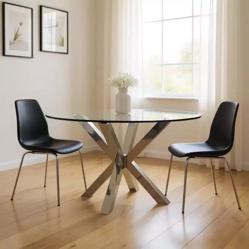 54-Inch Clear Glass and Silver Metal Round Dining Table, Seats 6