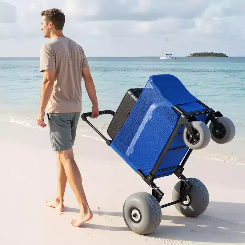 VEVOR Beach Cart with Large Wheels for Sand, 165 lbs Load Capacity, Heavy Duty Folding Beach Wagon with 12 Balloon Wheels, Storage Bag, Blue+Black