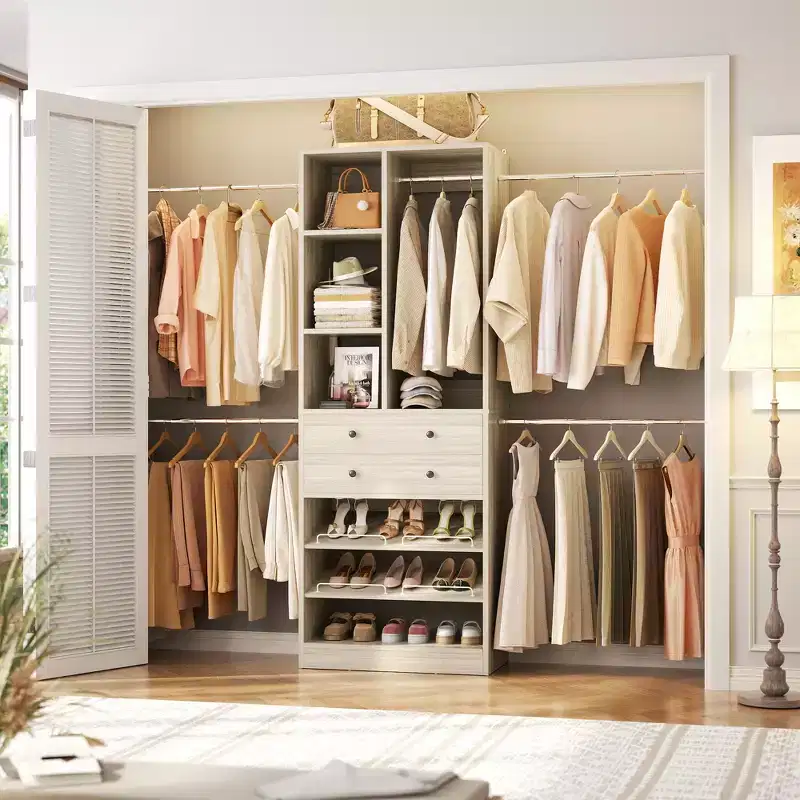 Besiost Wooden Closet System with Shoes Shelf and Drawer, Closet Organizer Storage with Drawer