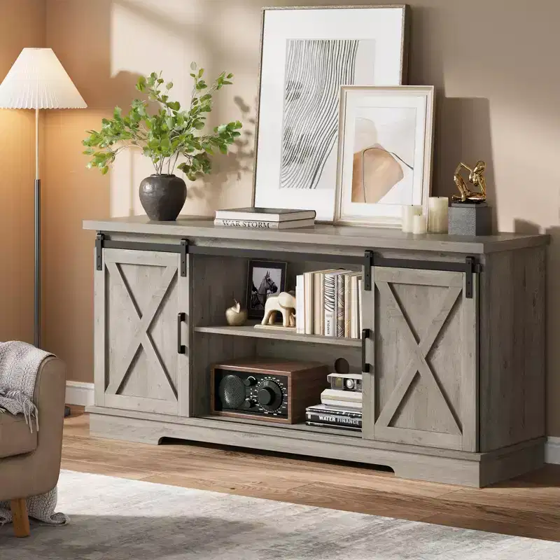 TV Stand for TVs up to 65 Inches, Entertainment Center with Sliding Barn Door and Storage Cabinets, Grey